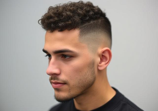 Man with curly hair styled in a taper fade haircut with short hair on top.