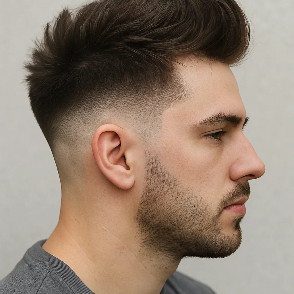 Side view of a blowout taper haircut showing clean fade and voluminous top