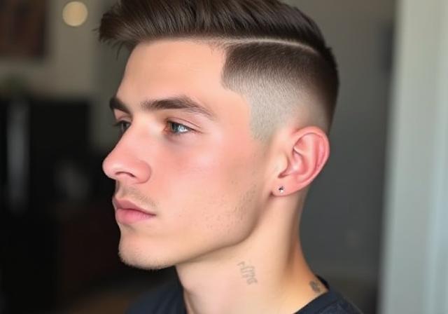 Close-up of a low taper fade haircut near the ears and neckline.