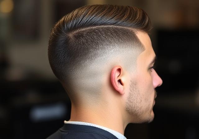 Side view of a man with a classic taper fade haircut showing neat blending.