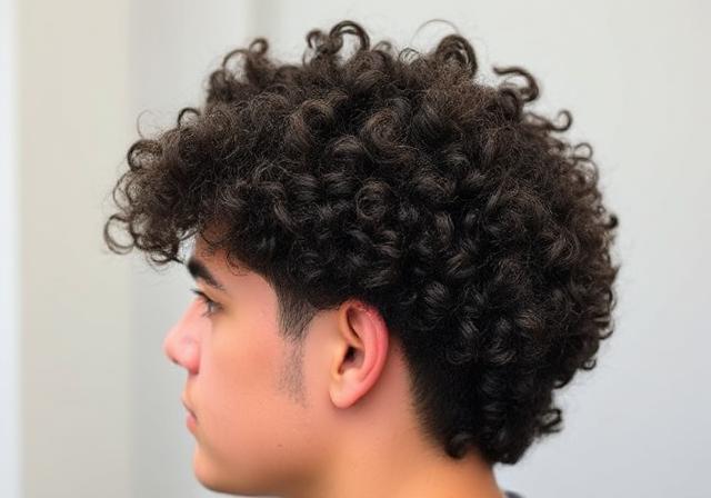 Curly hair styled with a low taper fade.