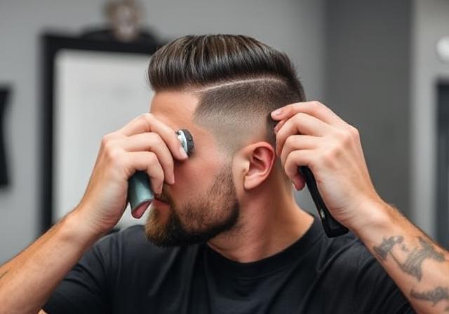 Man applying hair product to style a taper fade haircut.