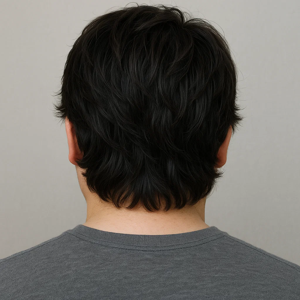 Back view of layered mid-length haircut for rounder face