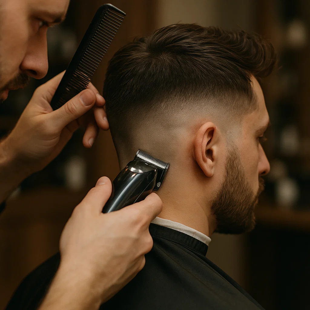 Barber working on the fade transition of a modern mullet