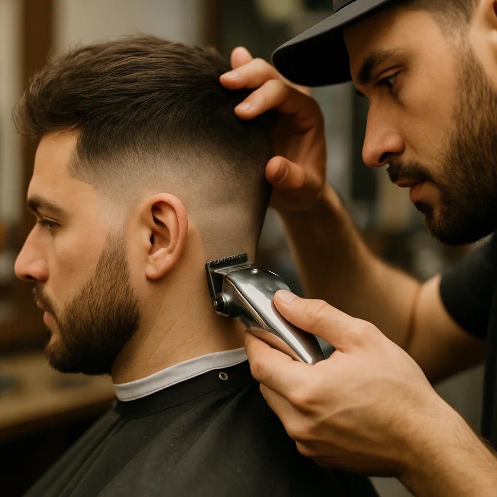 Barber using clippers to fade the sides of a man's french crop haircut