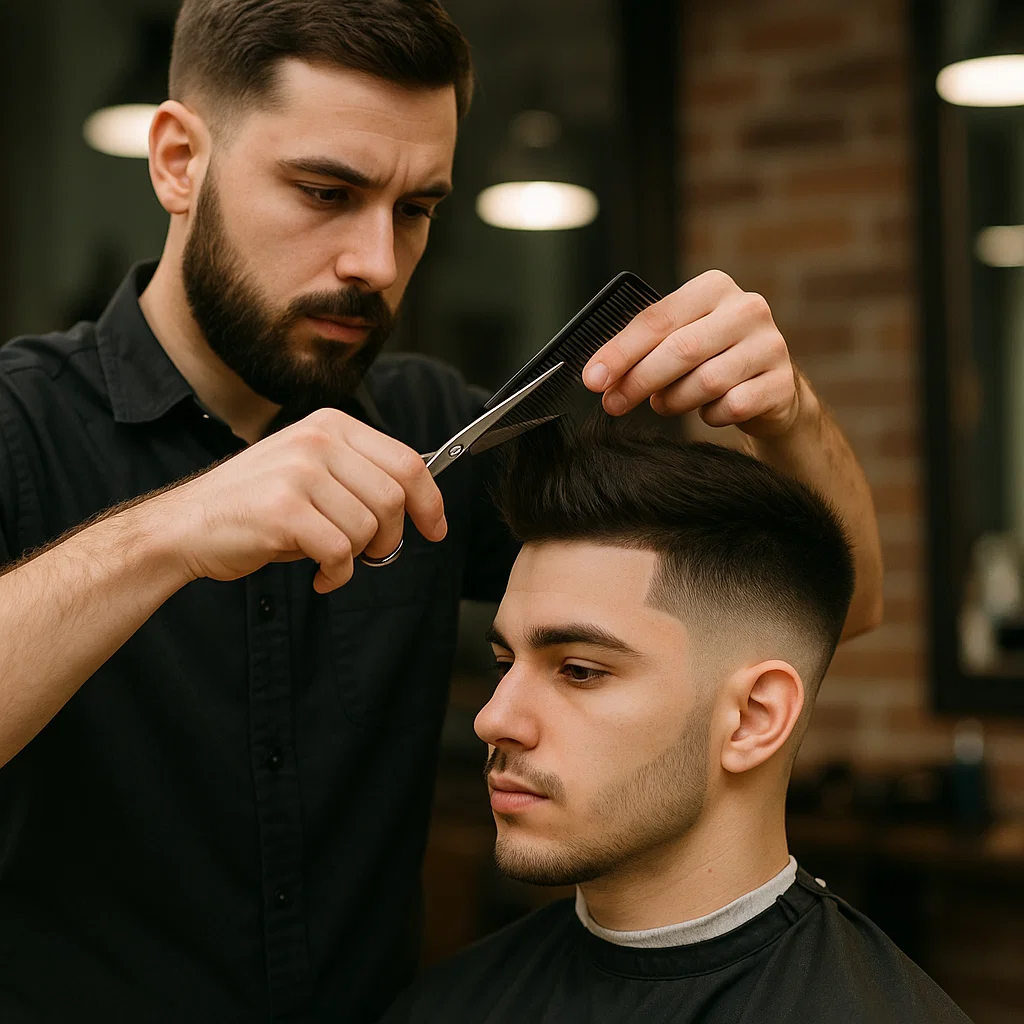 Barber using scissors to add texture on top of a blowout taper haircut