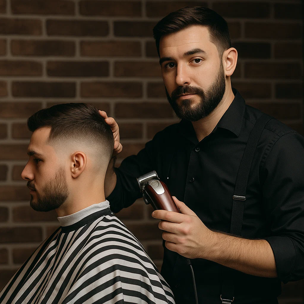 Barber holding clippers getting ready for a low fade haircut 