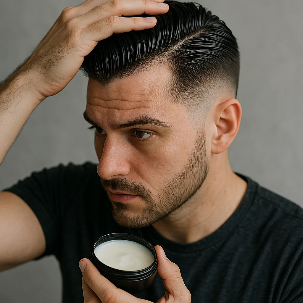 Man applying pomade to style hair after a low fade haircut