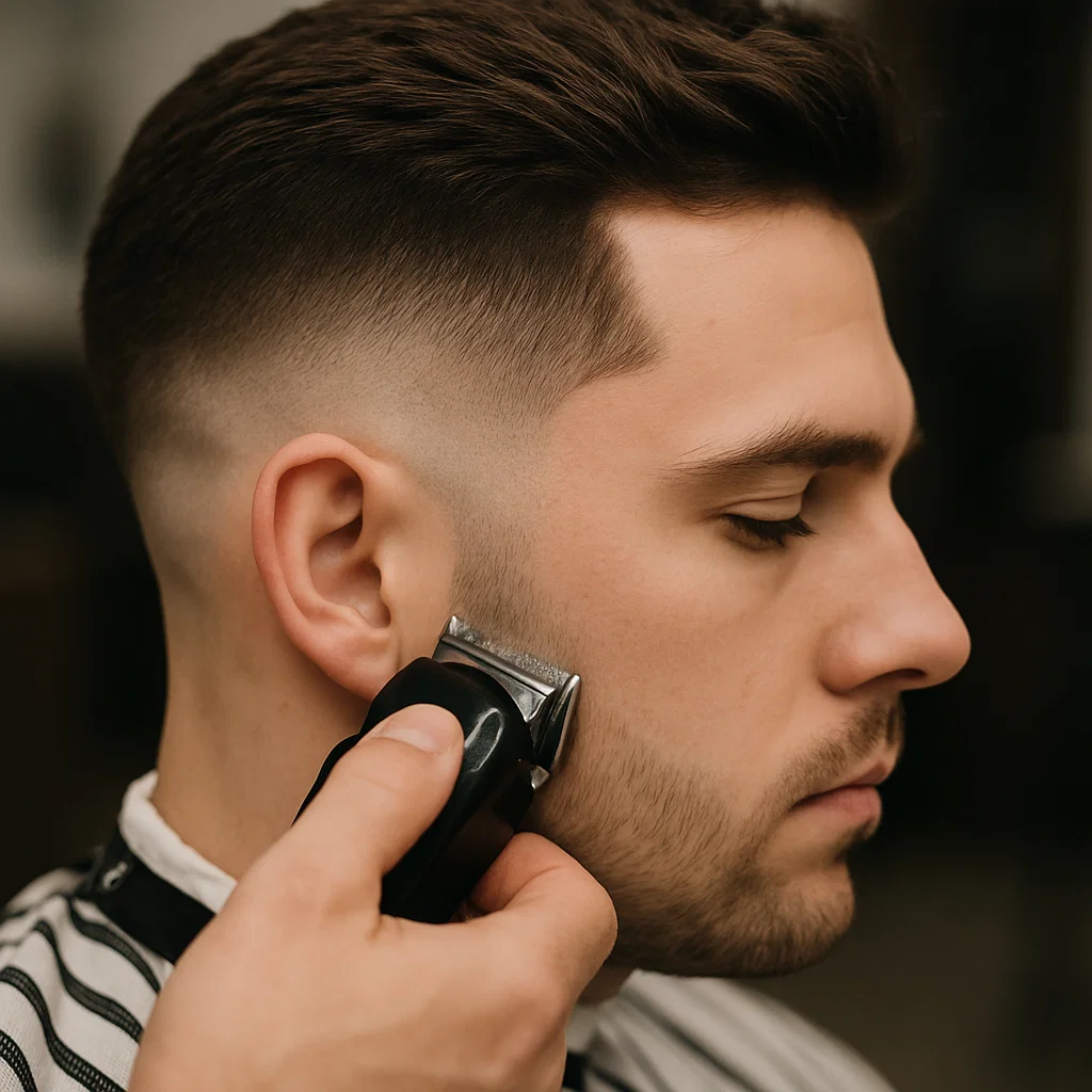 Barber applying taper fade with detail near the ear