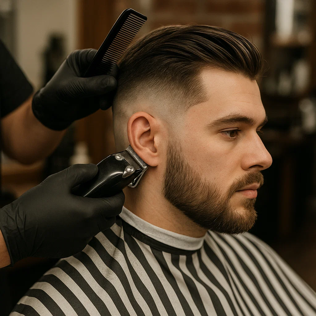 Barber shaping the sides during a low fade haircut
