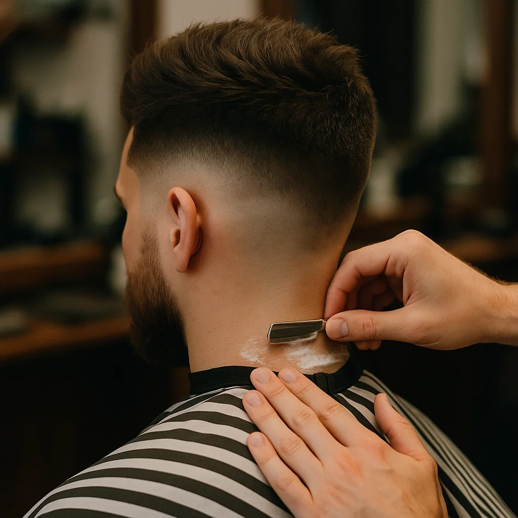 Close-up of barber shaving neckline for a clean fade on blowout taper