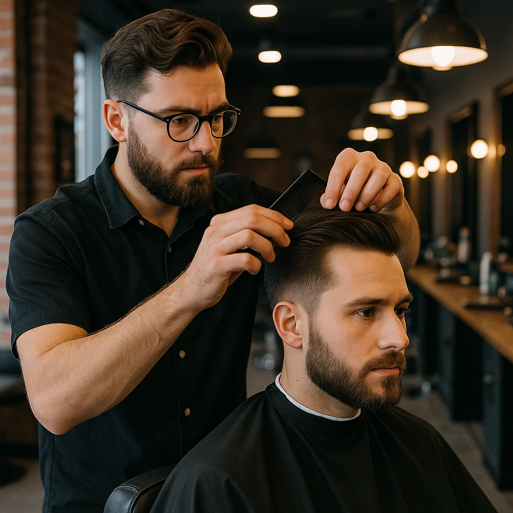 Barber styling a man's hair in a shop with modern interior