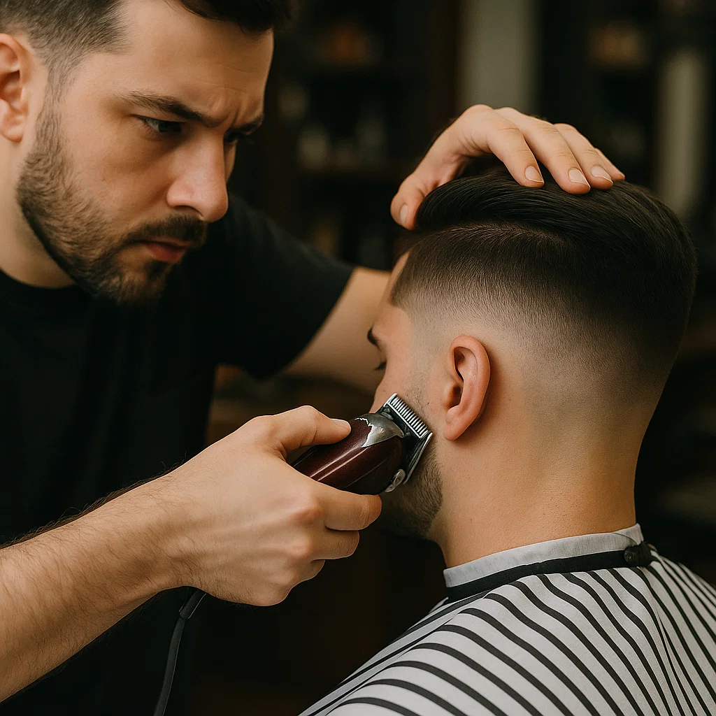 Barber trimming a low taper fade haircut with clippers