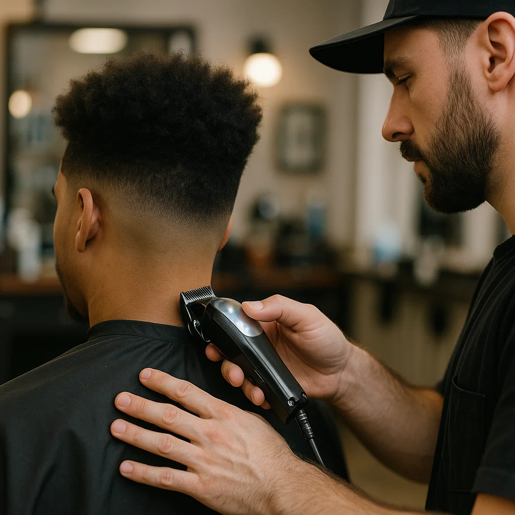 Barber clipping the back of a blowout taper haircut