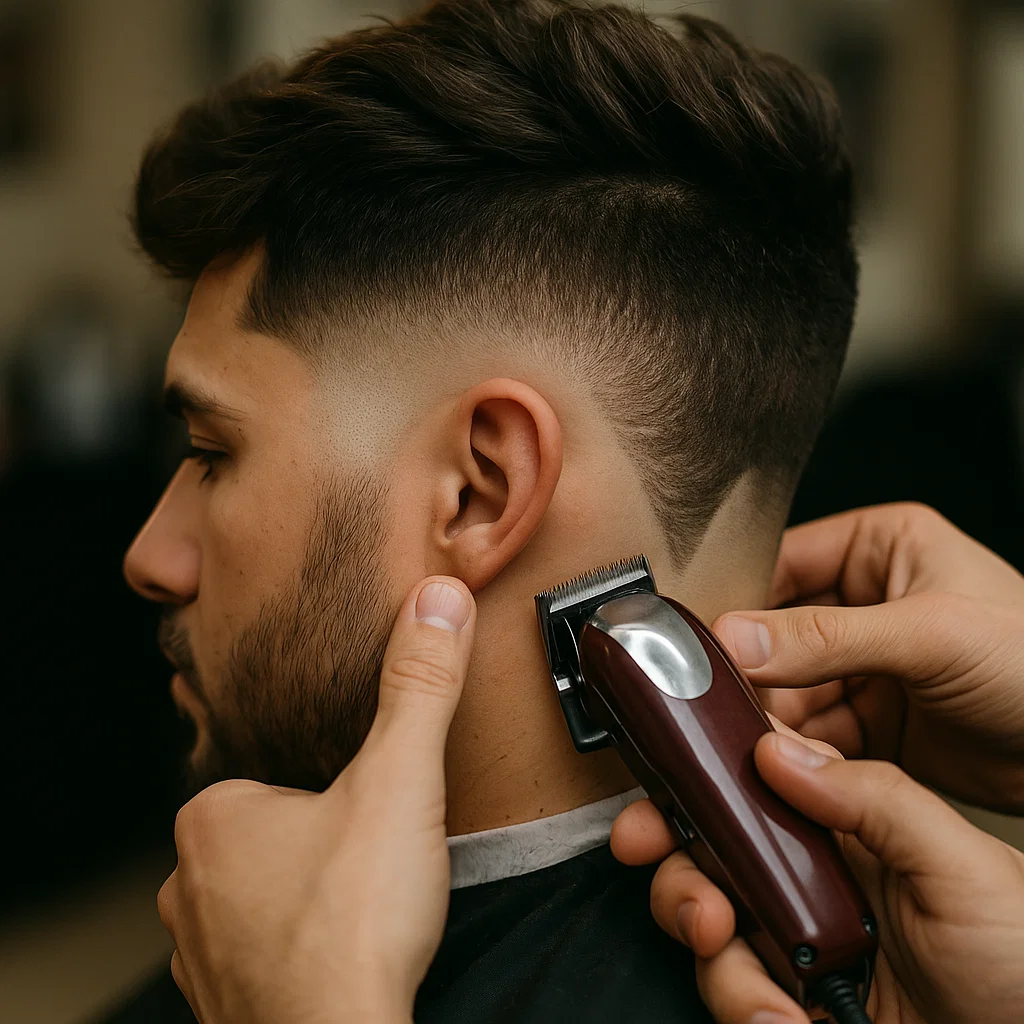Barber using clippers to create a burst fade shape around the ear  alt text Barber shaping burst fade haircut around ear with clippers