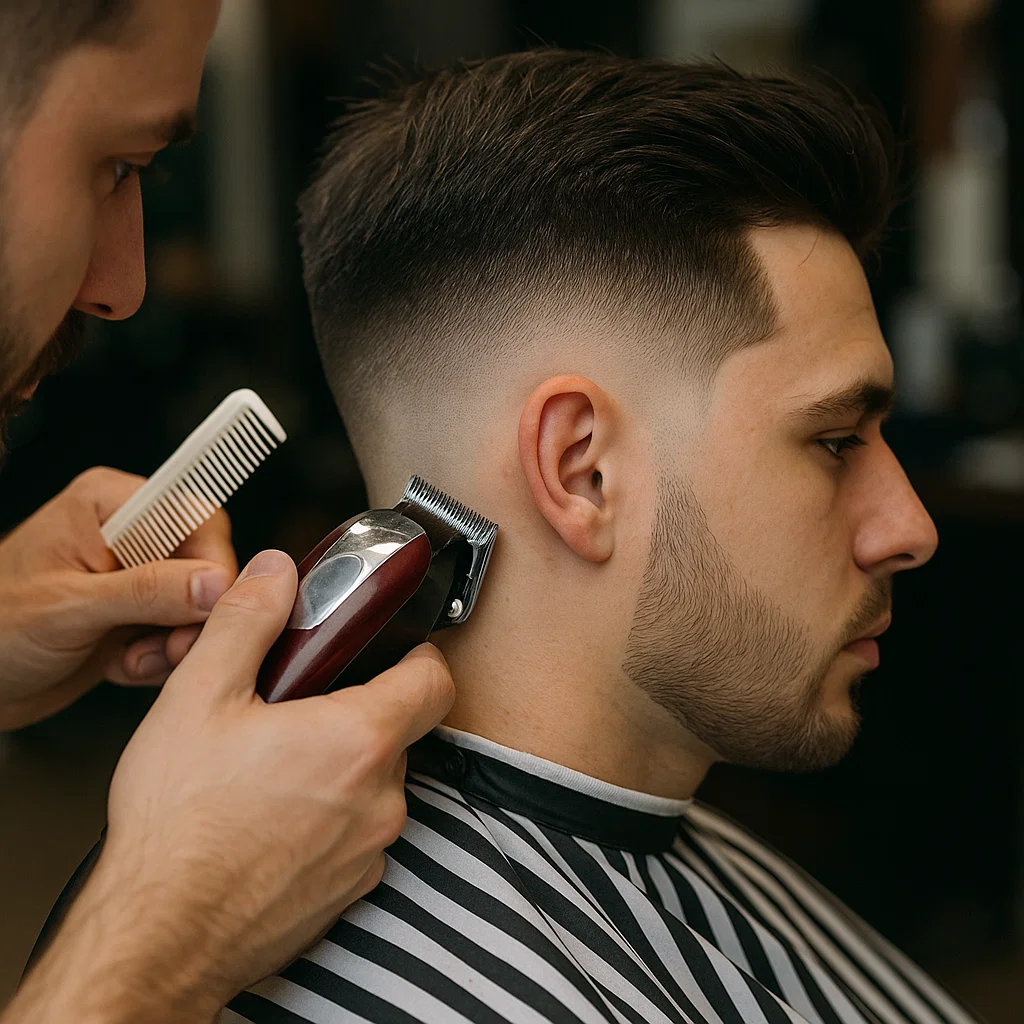 Close-up of barber blending mid taper fade with clippers