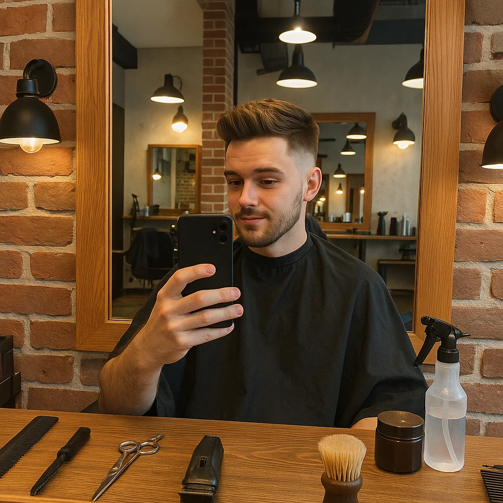 Selfie showing off fresh modern mullet fade from mirror view