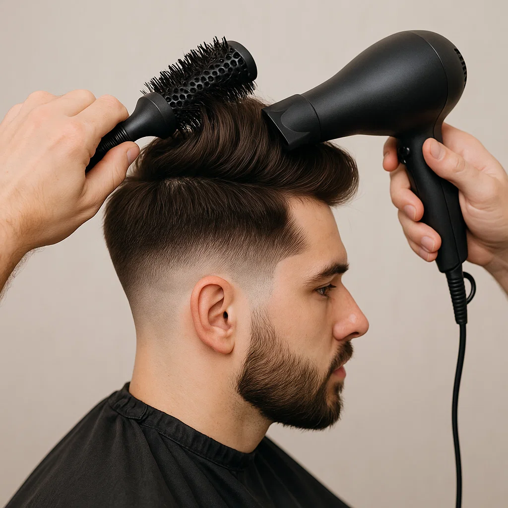 Blow dryer and brush used to style the voluminous top of a blowout taper