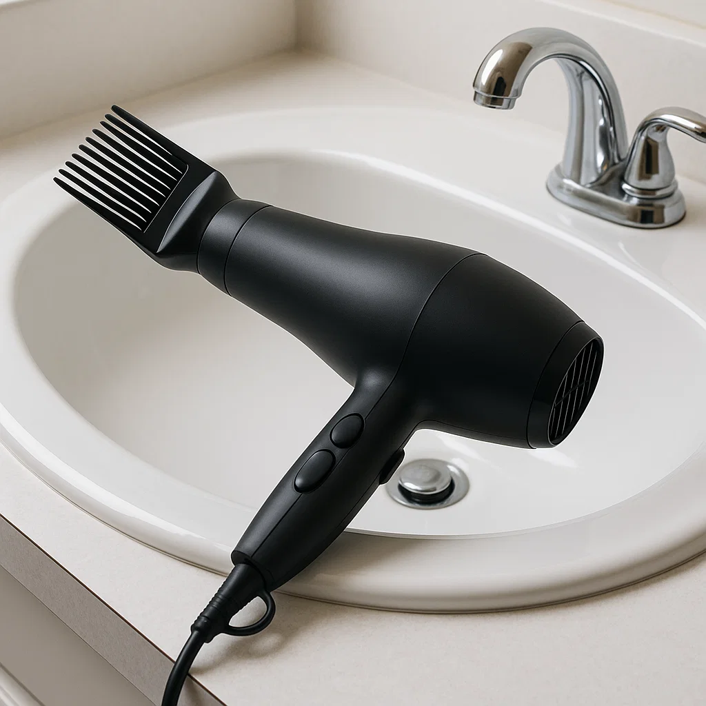 Tools used to blow out curly hair before a fade