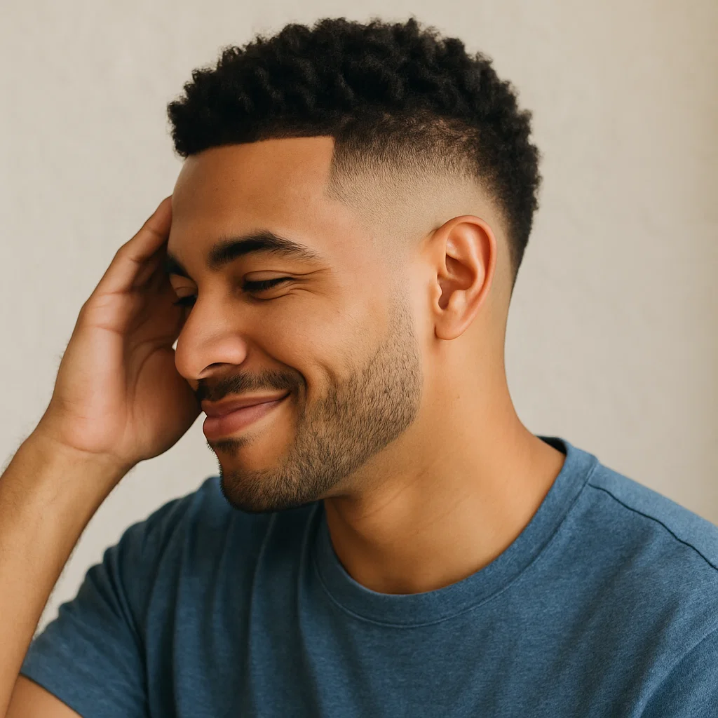 Casual guy touching the side of his head, showing comfort with burst fade — alt text: "Man touching side of head showing comfort with burst fade haircut