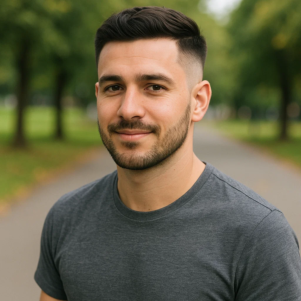 Man outdoors showing casual low taper haircut