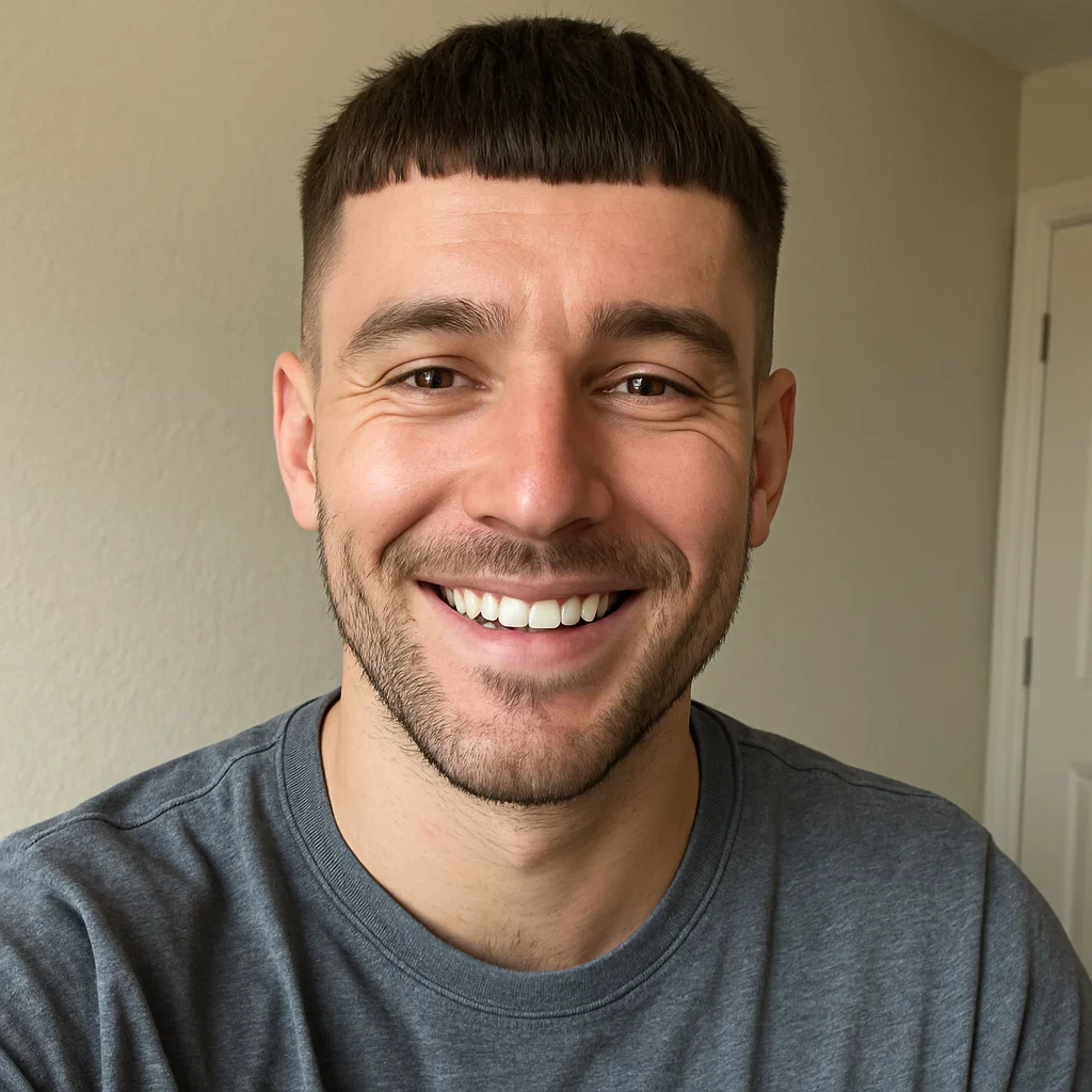 Man taking a casual selfie showing his freshly cut french crop hairstyle