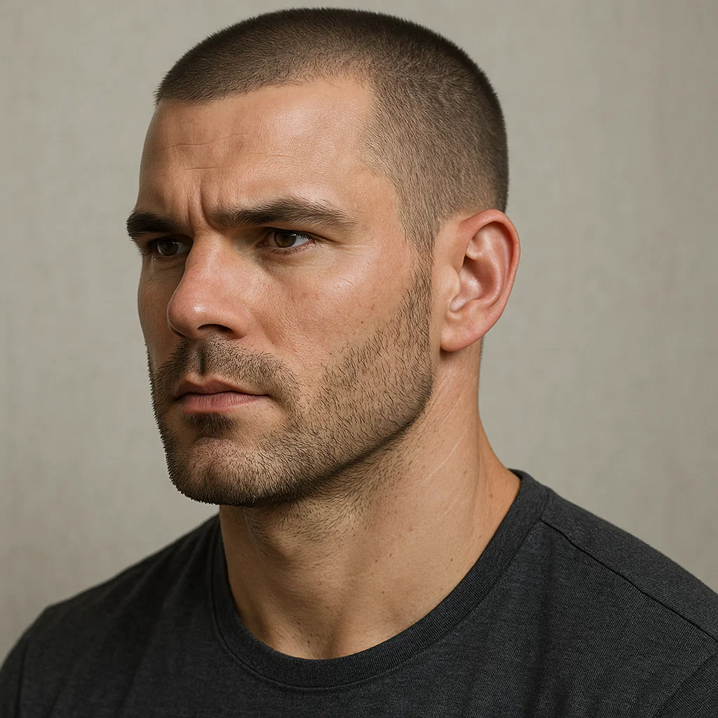 Close buzz cut hairstyle with stubble on square-jawed man