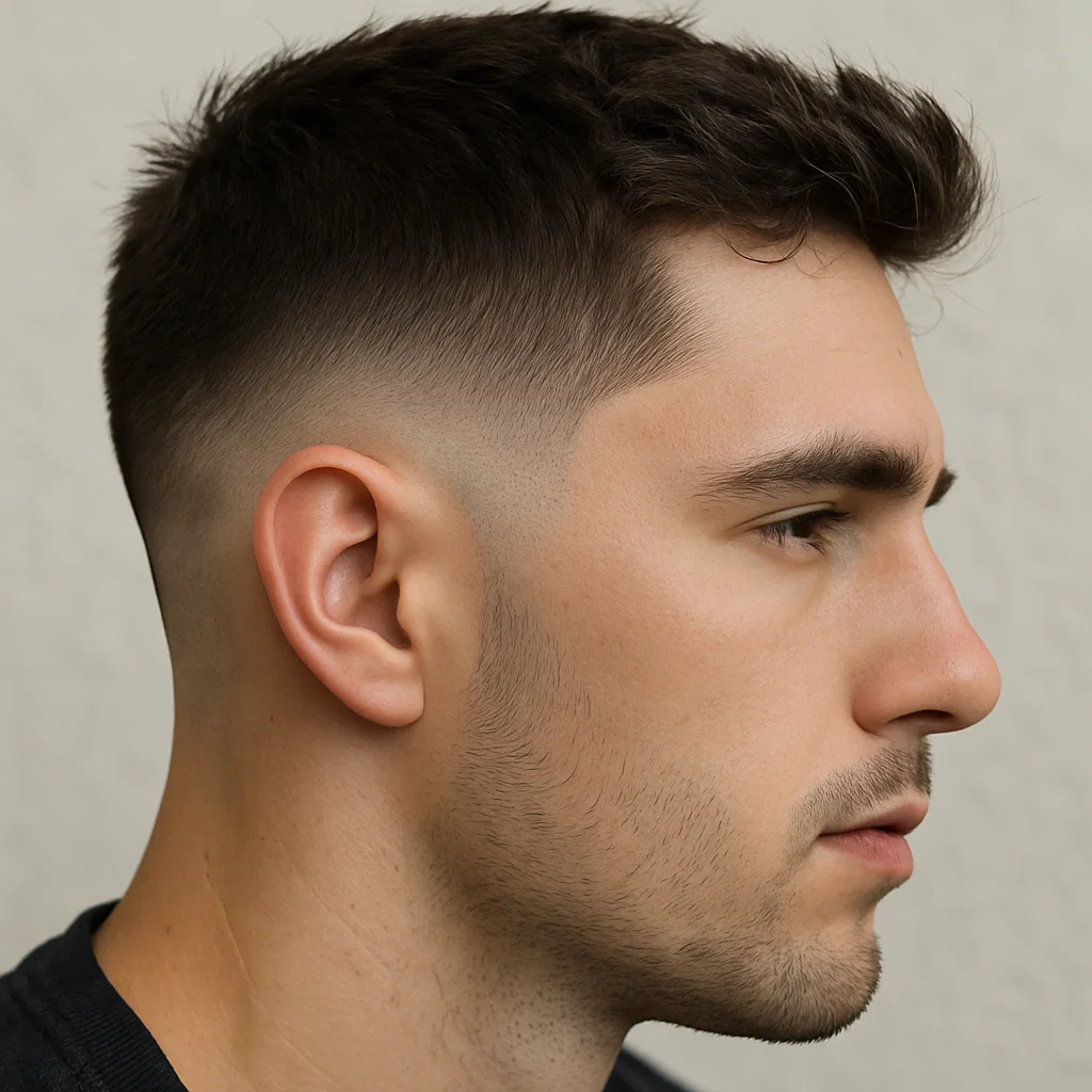 Close-up of a low taper haircut with gradual fading around ears