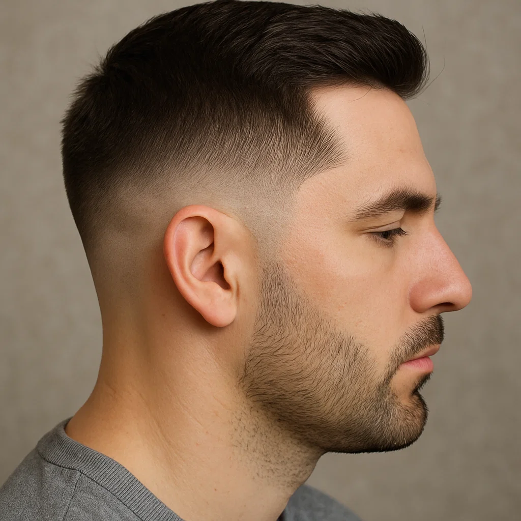 Close-up of a low fade haircut showing smooth blending