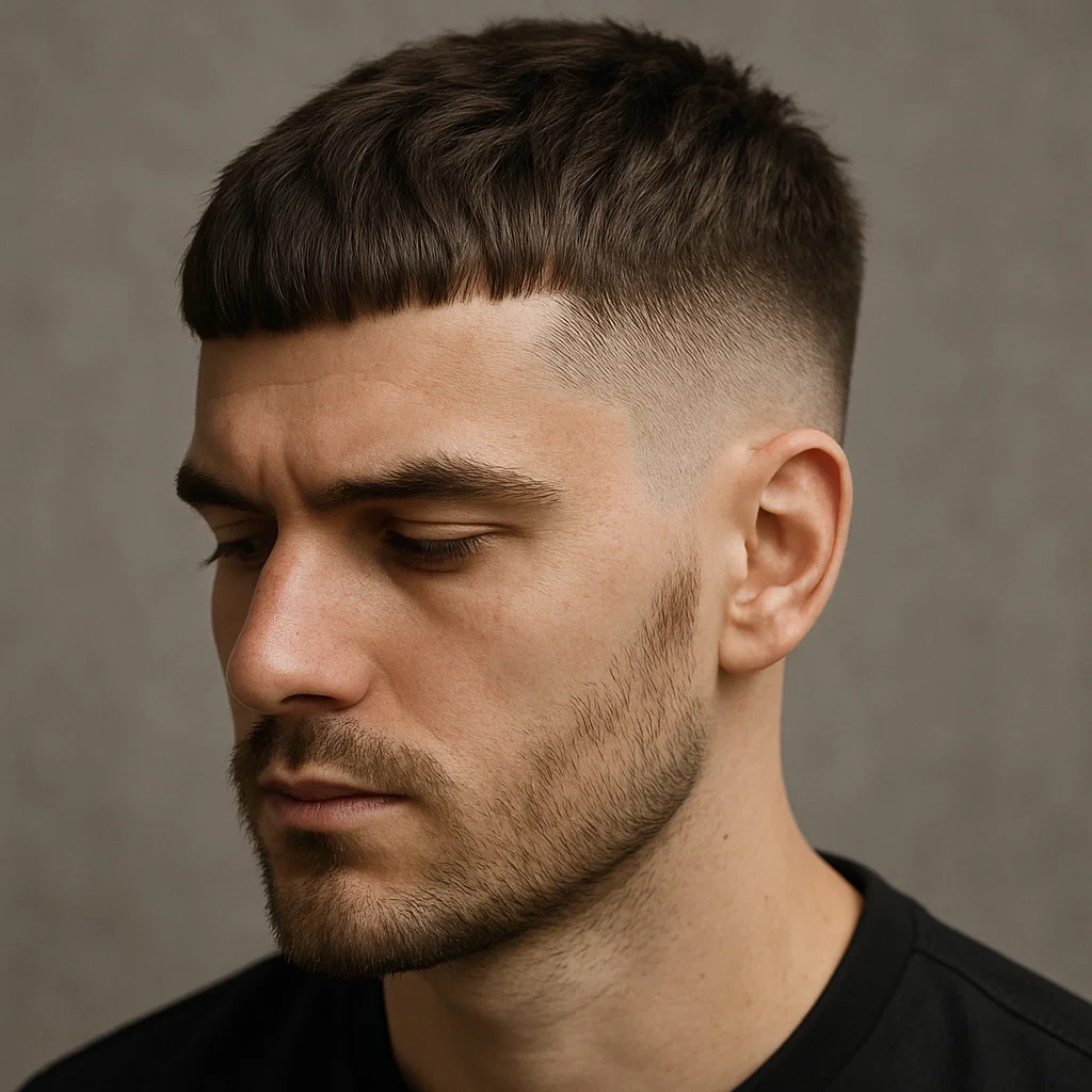 Close-up of a man with a textured french crop haircut, showing short sides and a slightly longer top with fringe