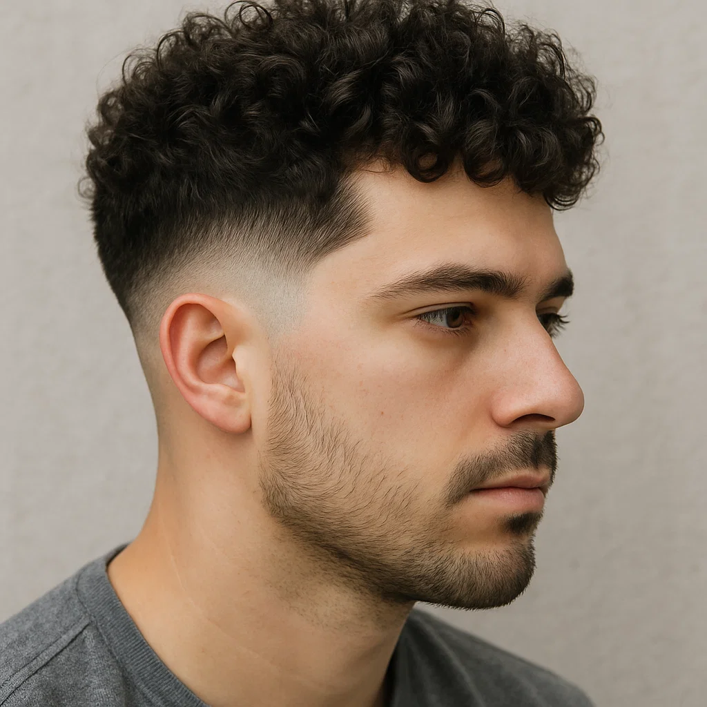 Curly hair styled on top with low taper fade haircut