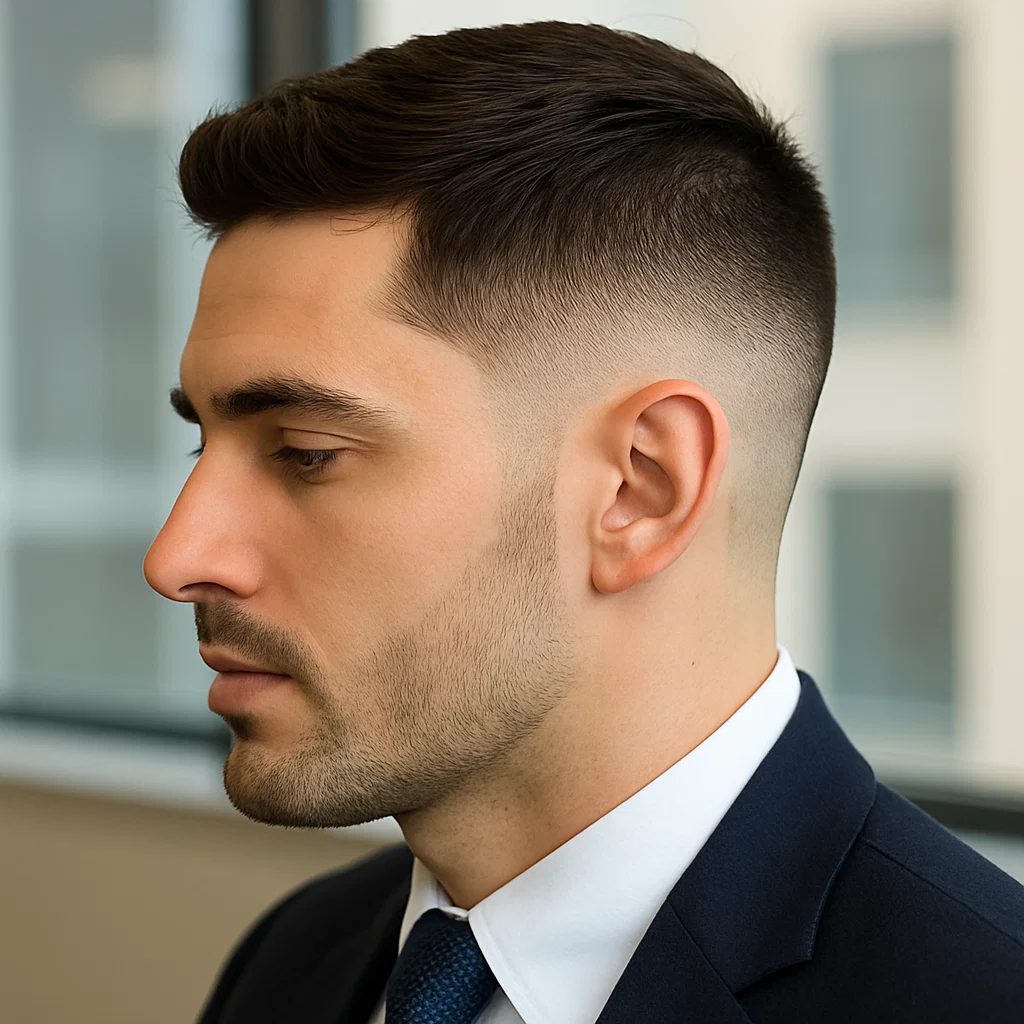 Close-up of a neat taper fade on man in office attire