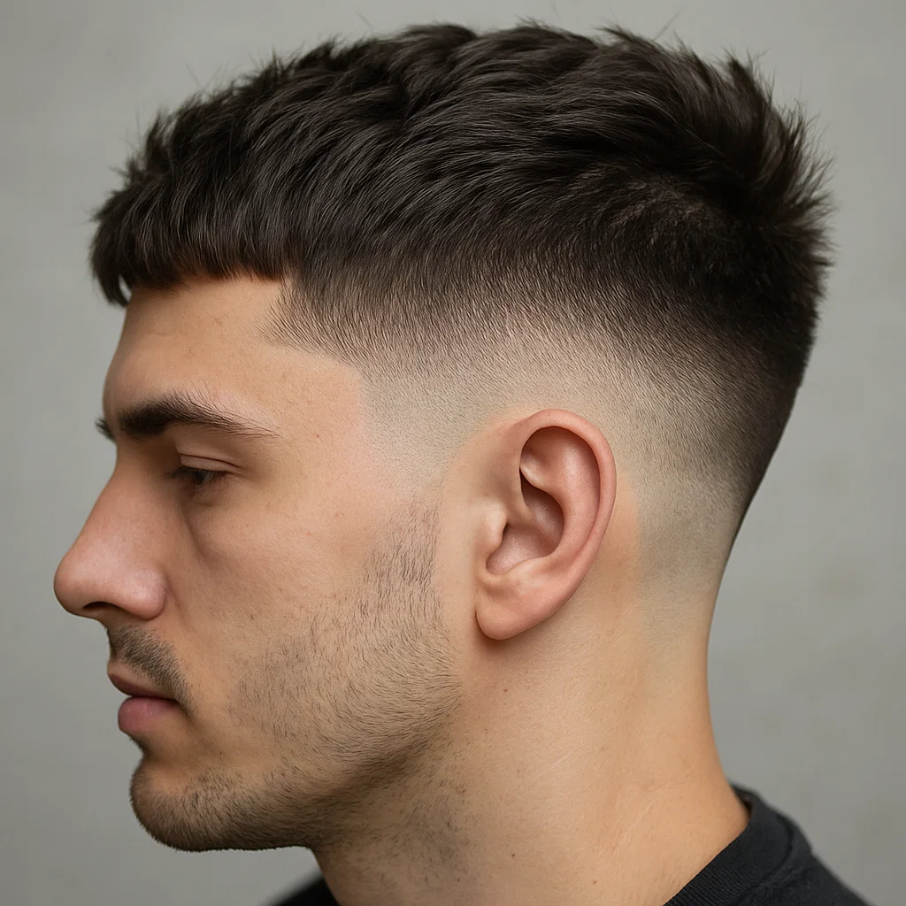 Close-up shot of the burst fade transition blending into longer hair on top — alt text: "Close-up of burst fade blending into longer hair on top