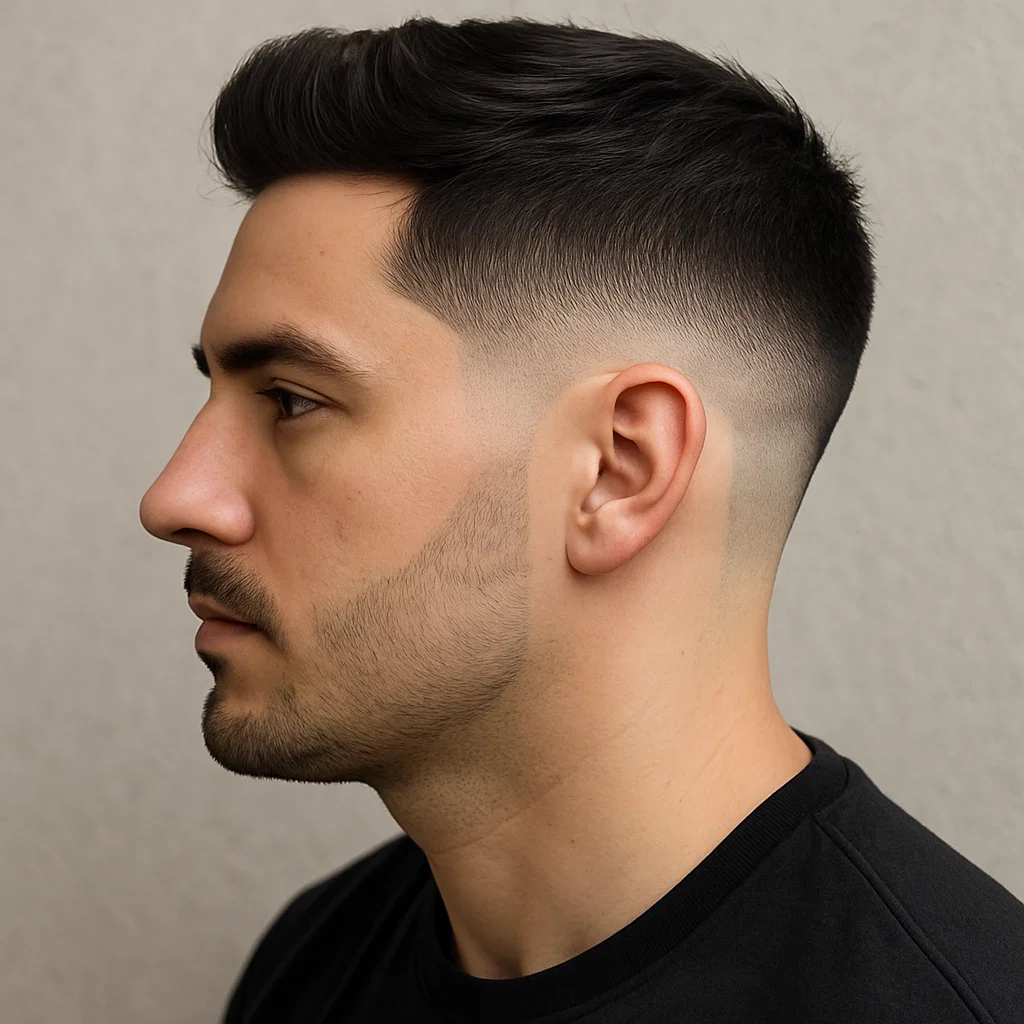 Side profile of a man with mid taper fade haircut