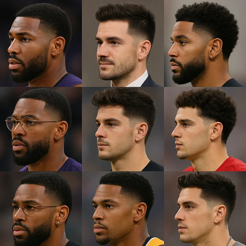 Collage of celebrities and athletes with burst fade hairstyles — alt text: "Celebrities and athletes sporting burst fade haircuts