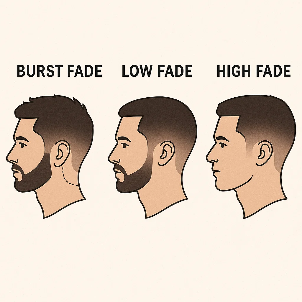 Diagram showing different types of fades including the burst fade arc — alt text: "Diagram comparing burst fade with low fade and high fade