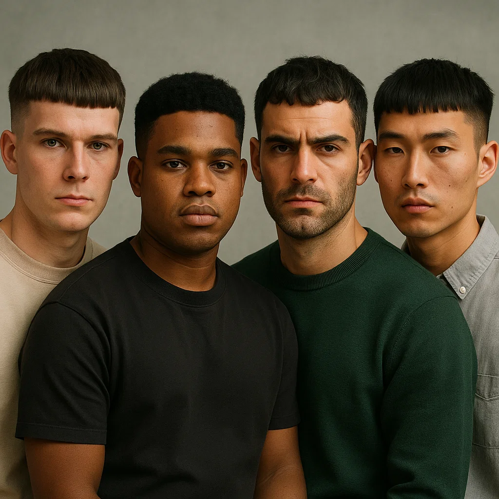 Group of men with various french crop haircuts, demonstrating suitability for different hair types and face shapes