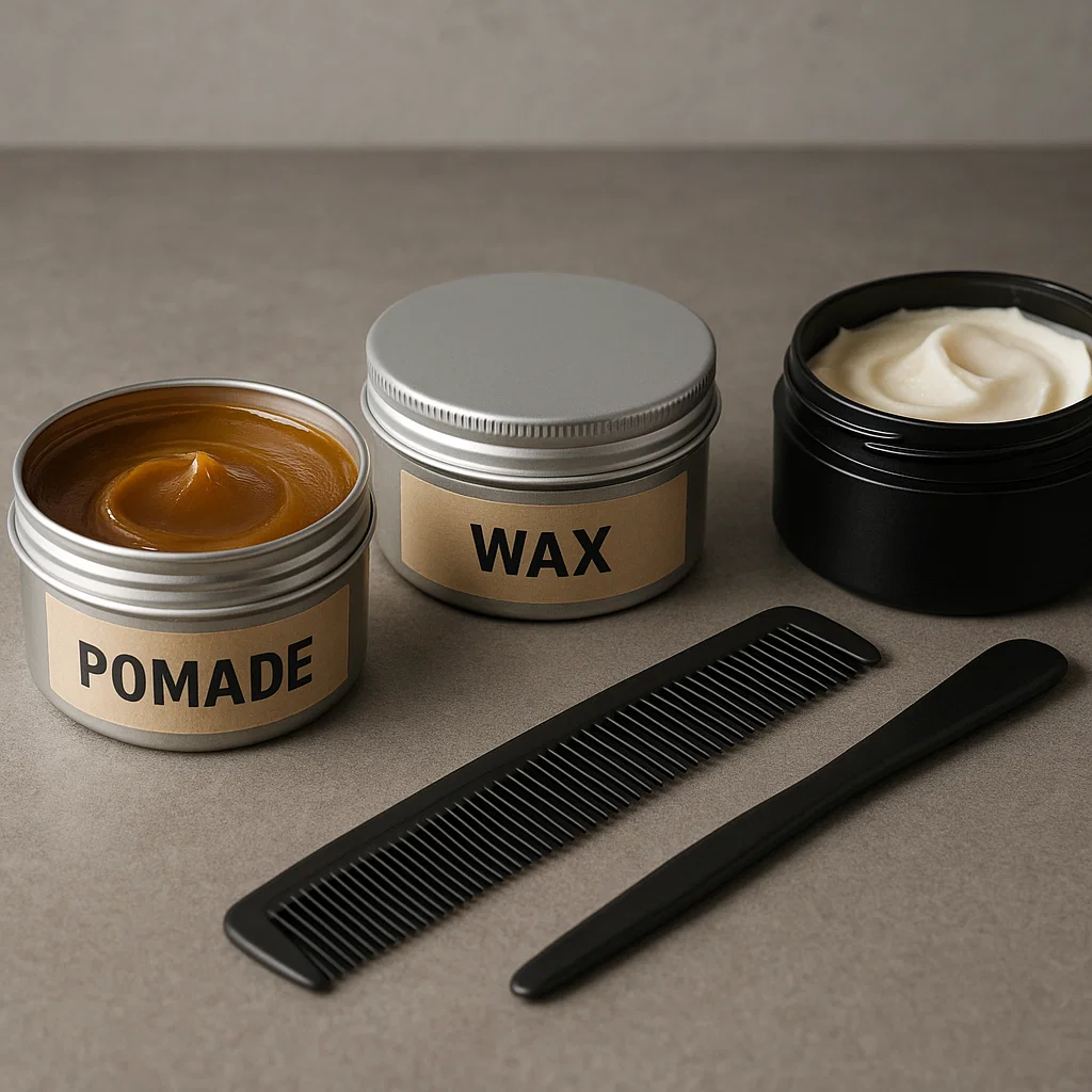 Hair products like pomade, wax, and comb laid out on a counter — alt text: "Hair styling products for burst fade maintenance