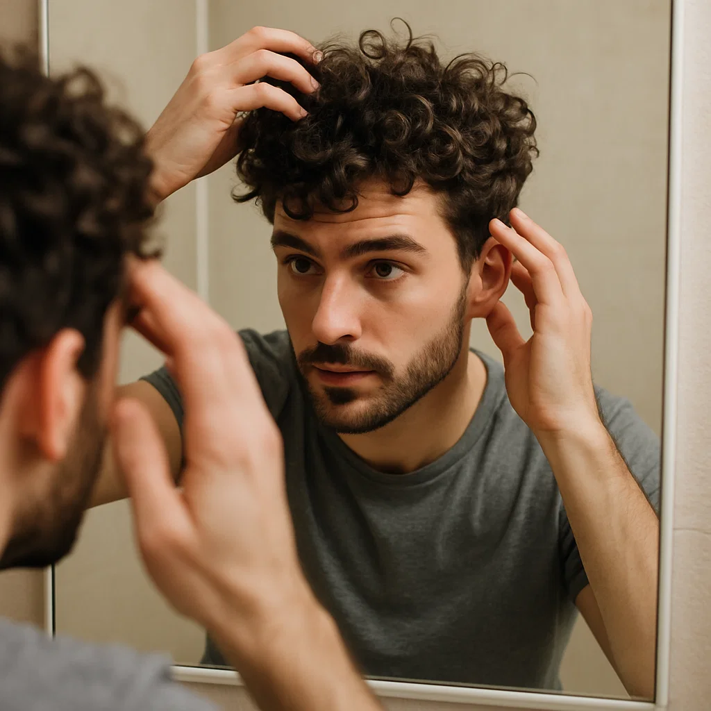 Hand gently fluffing curls while facing a mirror