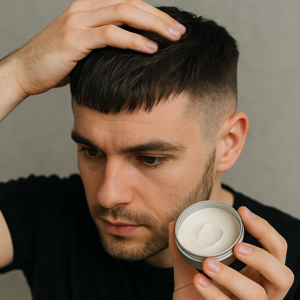 Close-up of hands applying hair product to style a french crop haircut