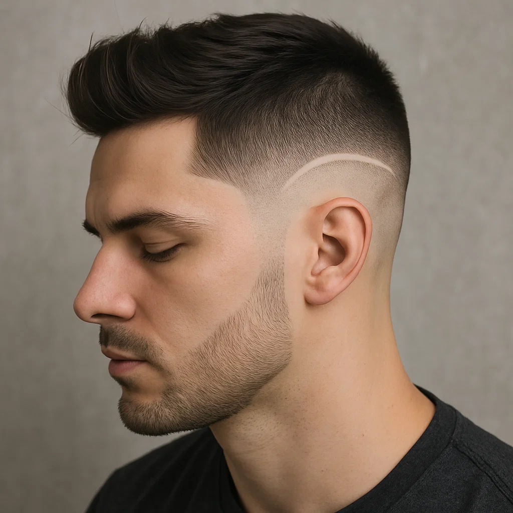Low fade haircut featuring a shaved design line