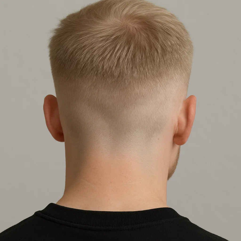 Low skin fade on back of man's head with light hair