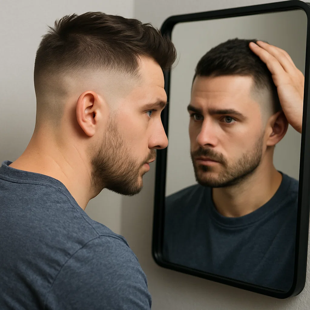  Man checking low fade haircut in the mirror