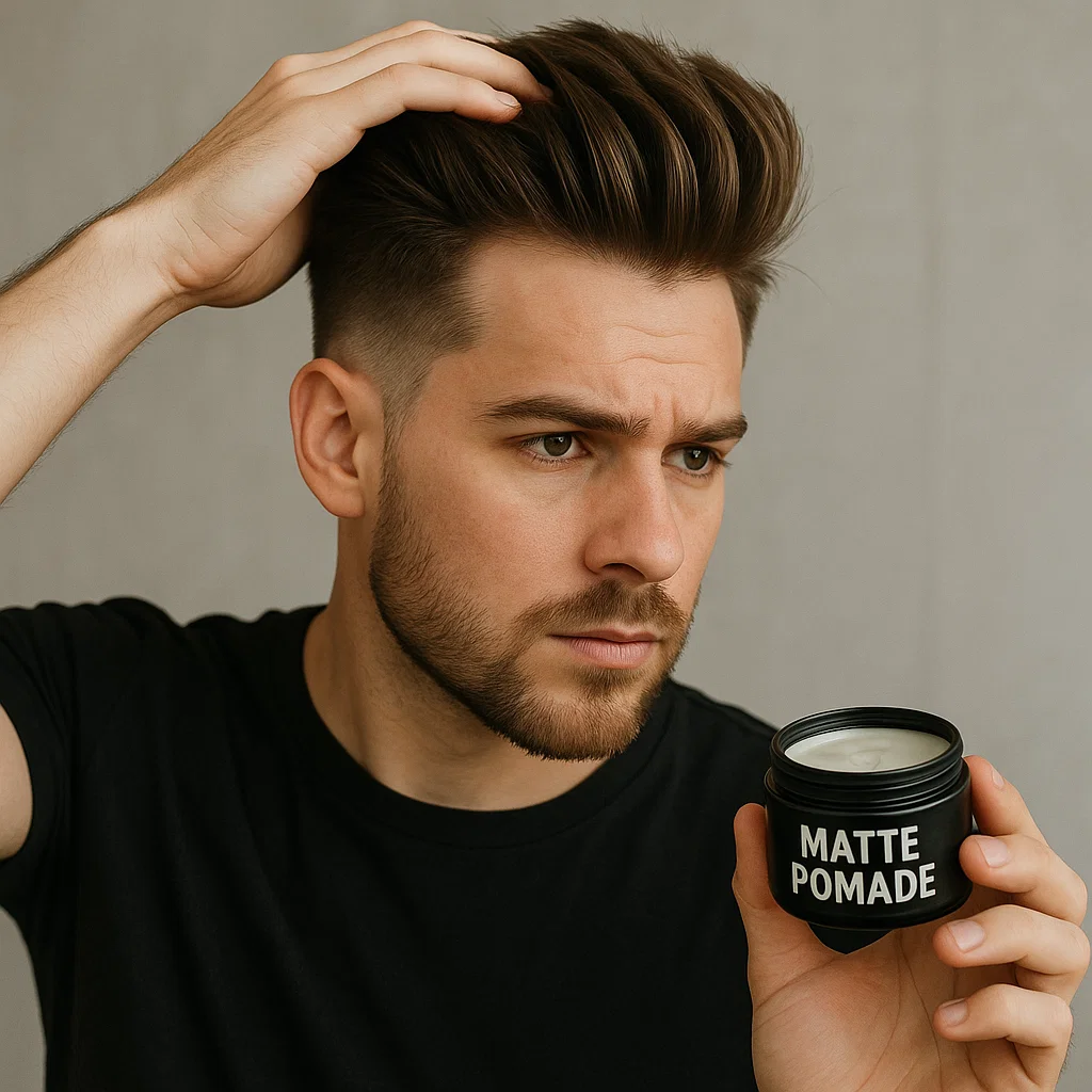 Man applying matte pomade to style blowout taper haircut