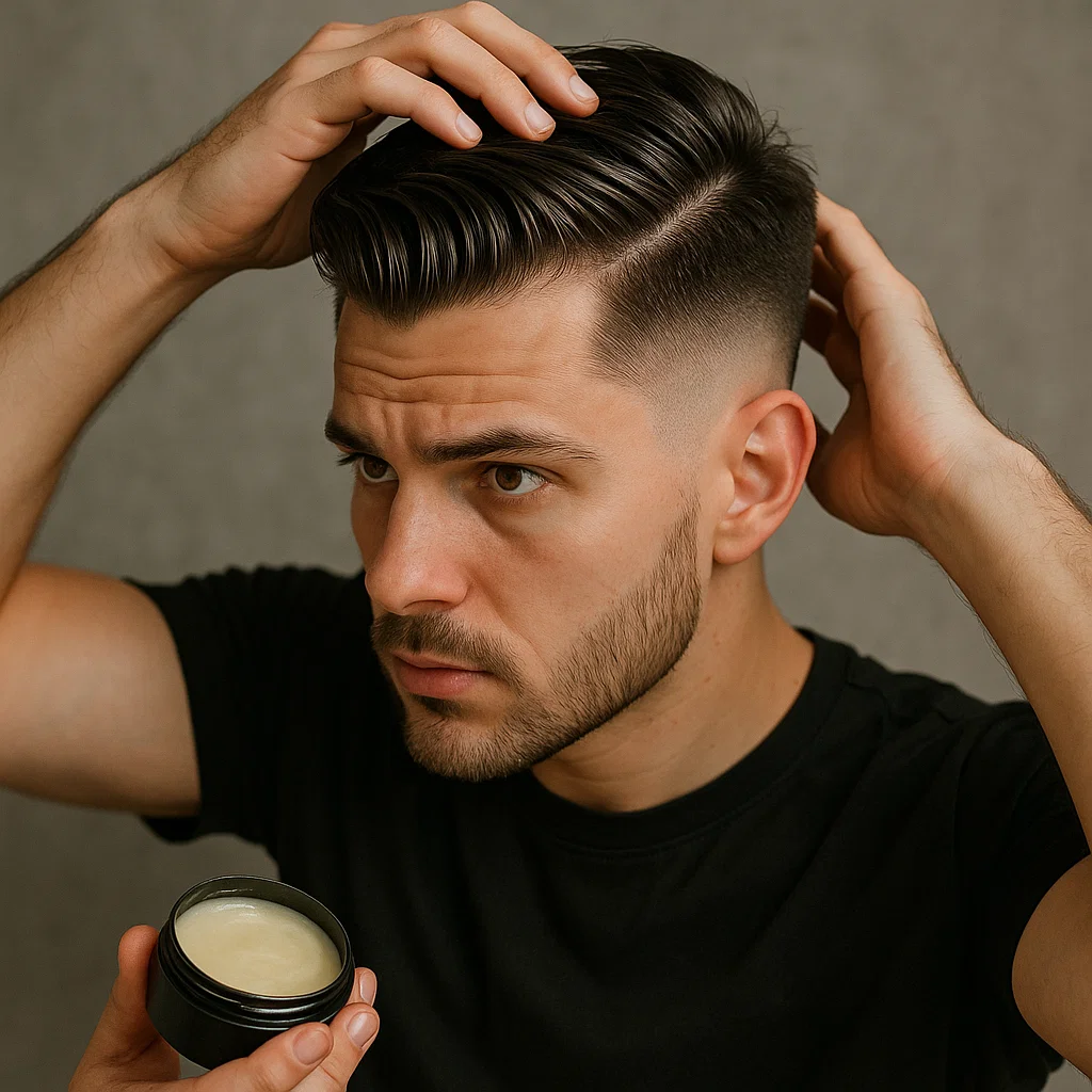 Messy hair styled with mid taper fade sides