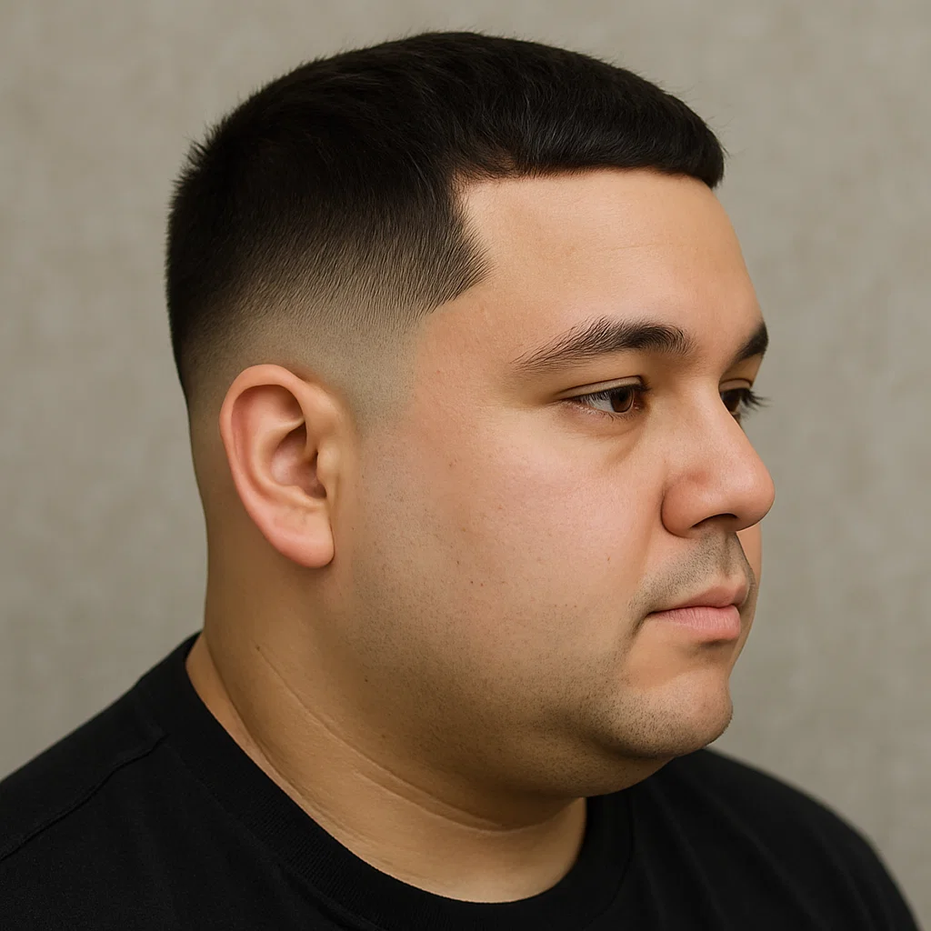 Low taper haircut flattering a round face