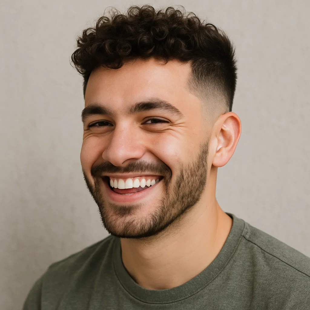 Smiling man with curly hair and low taper fade haircut