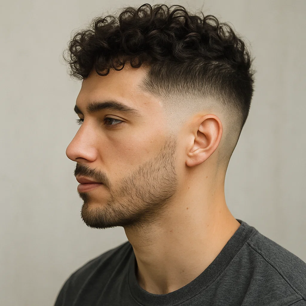 Slicked-back hair with mid taper fade sides