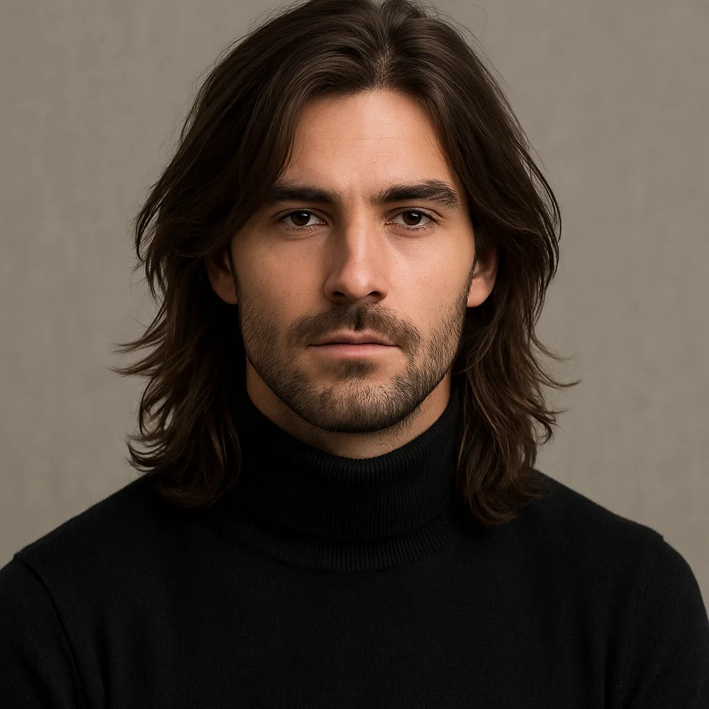 Man with long layered hair wearing black turtleneck