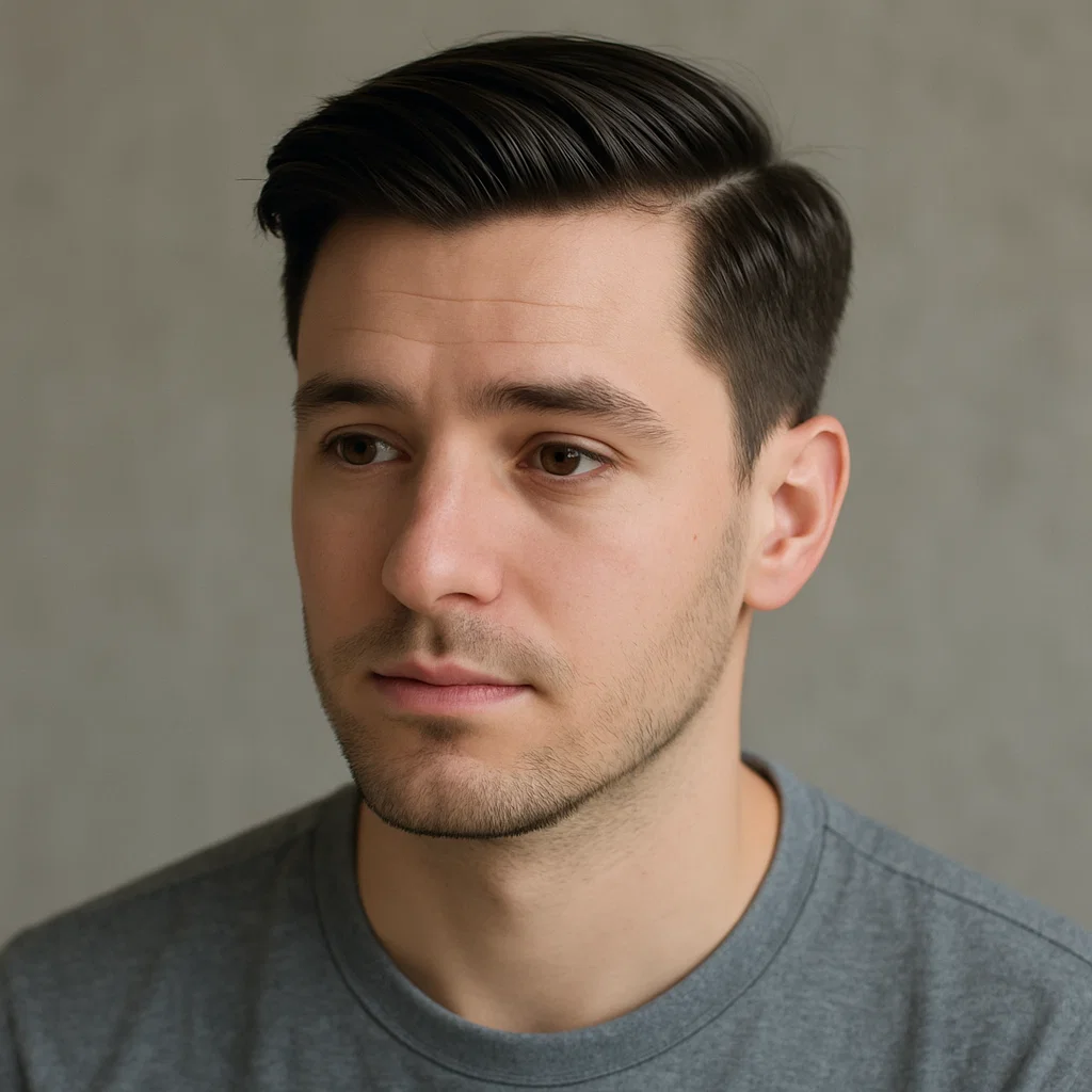 Modern side part hairstyle on young man with casual expression